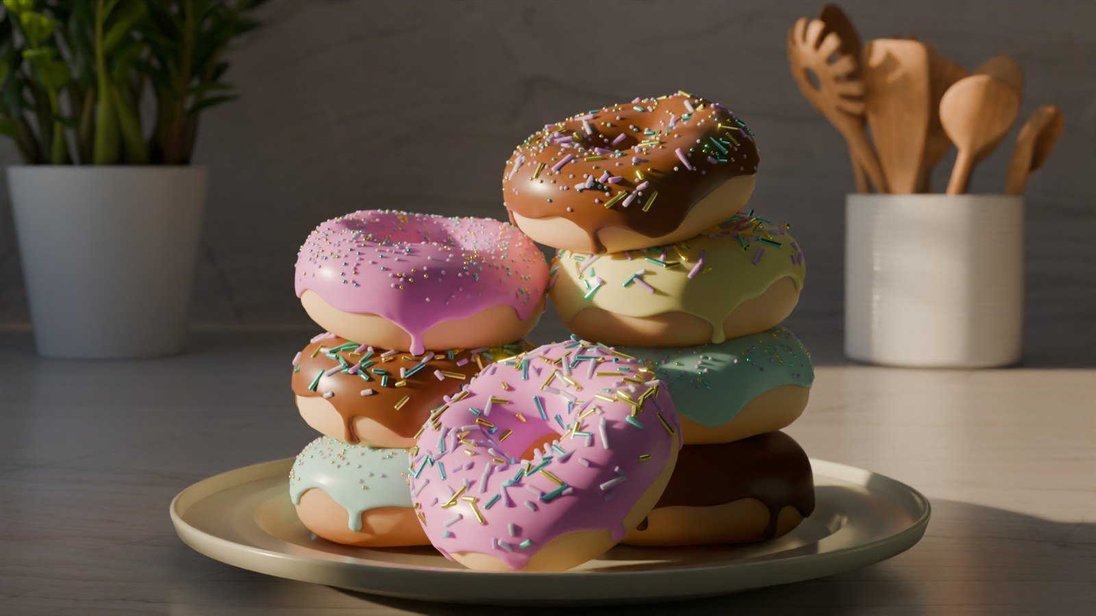Photoreal render of a stack of frosted donuts