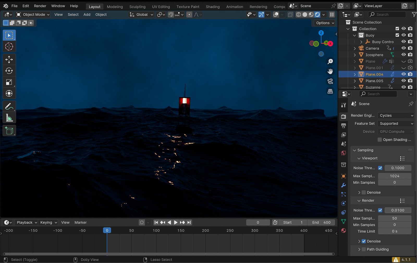 Blender editor view of a lit buoy on a stormy ocean at night