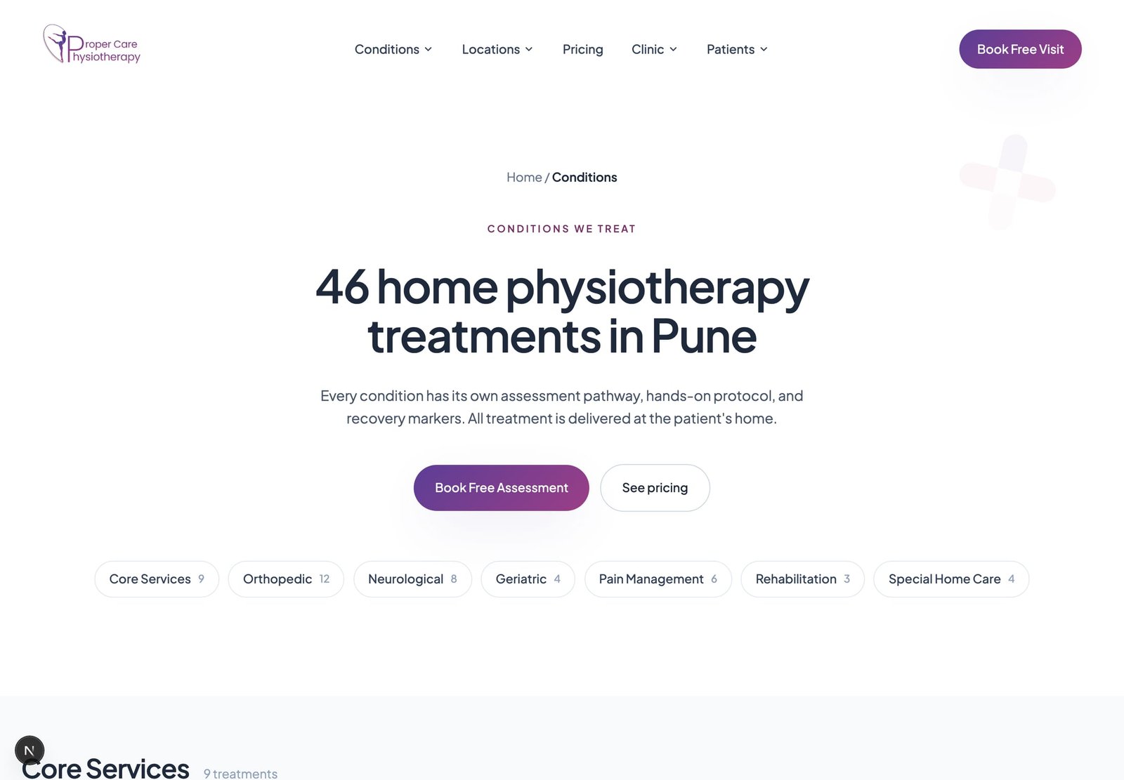 The Conditions page: the heading "46 home physiotherapy treatments in Pune" above a row of category filter pills reading Core Services 9, Orthopedic 12, Neurological 8, Geriatric 4, Pain Management 6, Rehabilitation 3 and Special Home Care 4.
