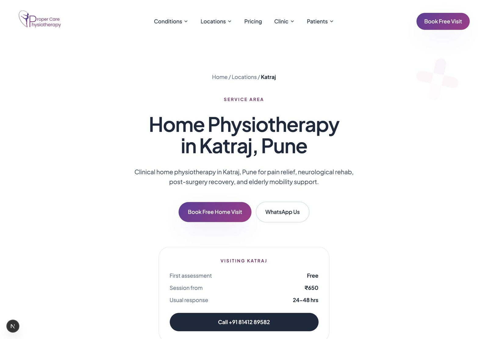 A service-area page for Katraj, Pune, with a breadcrumb, a Book Free Home Visit button, and a "Visiting Katraj" card listing First assessment Free, Session from ₹650 and Usual response 24 to 48 hrs above a call button.