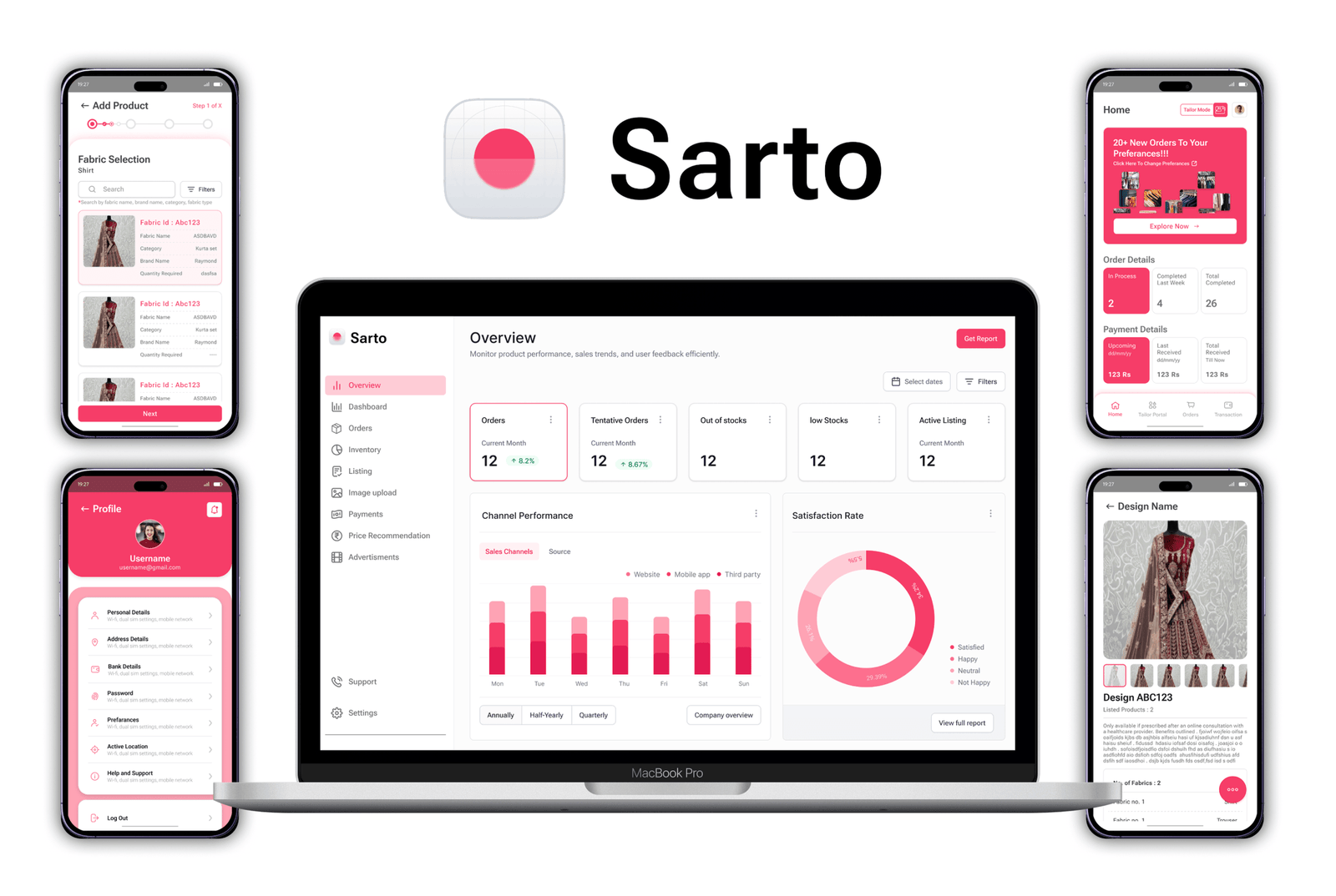 A Sarto showcase board: the app icon and wordmark centred, a MacBook showing the admin Overview dashboard, and four phone screens around it covering the Add Product fabric-selection step, a profile screen, the tailor-mode home, and a design detail page.