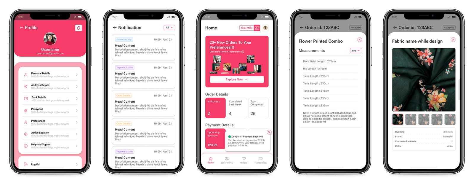 Five shared screens: a profile screen with personal, address, bank, password, preferences and location rows, a categorised notification list, the tailor-mode home with order and payment summaries and a payment-received toast, a measurements sheet with a cm/inch toggle, and a fabric detail sheet with a swatch gallery and spec table.